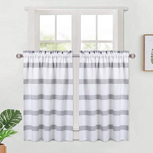 LinTimes Kurzstores Gardinen Vorhang Landhaus Küche Kurz Fenster Blickdicht Modern Scheibengardinen Bistrogardine Kurzgardine Kurzvorhang Kariert 2er Set Grau B 76 cm x H 91cm