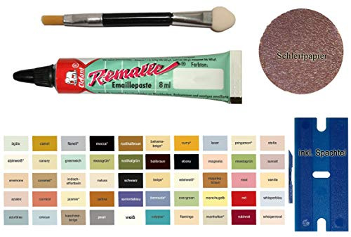 My-B-Style Sunset Emaille Paste/Lack zur Reparatur von Bad, Fliesen, Keramik, Autolack, Holz, Laminat uvm. im praktischen Set mit 8 ml Elefant Emaille, Kunststoffspachtel & Pinsel