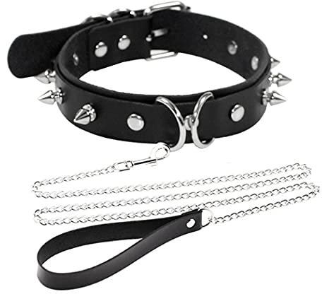Aabellay Leder Choker Metall Ring Halsband Lederhalsband Halskette Kreis Damen Gotik Punk Rock Lederband Einstellbar Kragen mit Zugkette – Schwarz mit Niet