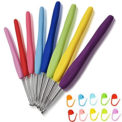 9 Pezzi Uncinetti in Alluminio, Tool Set Kit per Ferri da Maglia, Uncinetti Ergonomico Set, Manico Morbido Aghi di Crochet con Custodia