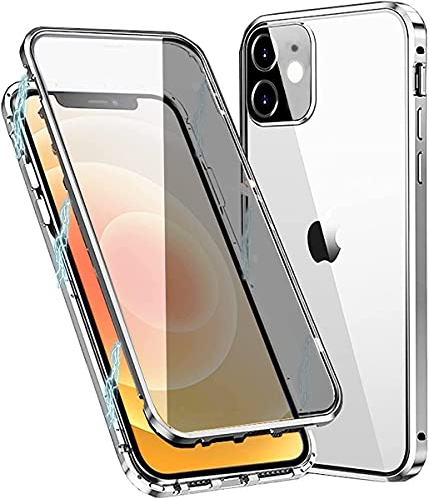 MIMGOAL Hülle für Apple iPhone 11 Hülle,Magnetische Metallrahmen 360 Grad Full Body Handyhülle Vorne hinten Gehärtetes Glas Schutzhülle Einteiliges Ultra Dünn Flip Transparente Cover,Silber