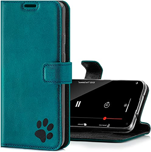 SURAZO Leather Wallet Mobile Phone Case Compatible with Apple iPhone 12 - Flip & Fold Smartphone Case with Stand, RFID Blocker, Magnet Closure, 3 Slots for Bank Cards - Handcrafted European Leather