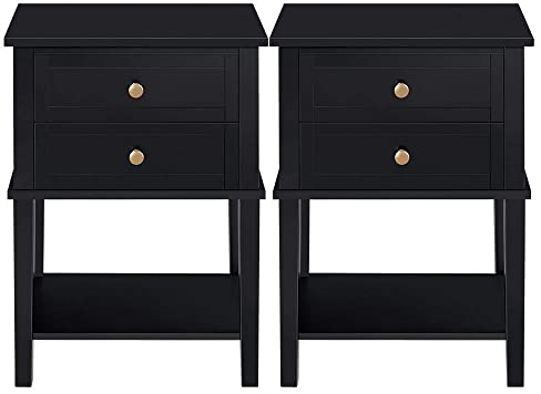Yaheetech 2X Nachttisch Beistelltisch Nachtkommode Holz Nachtschrank mit 2 Schubladen und 1 Ablage Wohnzimmertisch Sofatisch Schwarz, 45x35x61cm
