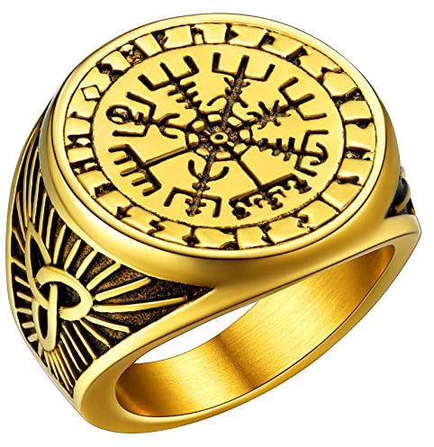 FaithHeart Herren Jungen Viking Kompass Fingerring mit Rune goldener Wikinger Siegelring mit Vegvisir Nordischer Style Fingerring für Freunden Ehemann