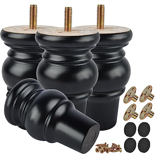TCHOSUZ 4 Zoll / 10cm Holz Möbelfüße, Solid Schwarz Bun Füße mit M8 Bolzen, Moderne Mid-Century Geschnitzte Sofa Couch Füße Möbel Ersatz Beine für DIY Schrank Stuhl Ottoman, 4er Set