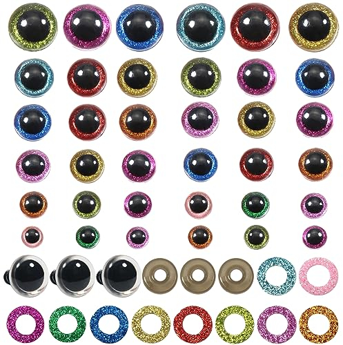 TOAOB 120 Stück Puppenaugen Glitzer Sicherheit Augen Kunststoff Bastel Tieraugen Bunt Teddyaugen mit Unterlegscheiben 10 mm bis 20 mm für Häkeltiere plüschtiere Kuscheltiere Marionette