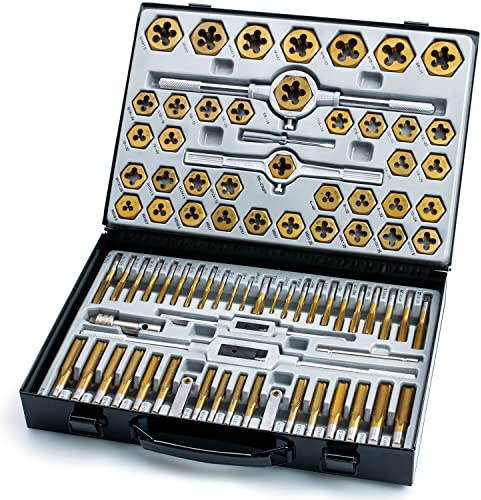 EFFICERE 86-teiliges Master Gewindebohrer und Schneideisen Set mit Premium Titan Beschichtung,SAE Größe bis 5/8 Zoll und metrische Größe bis M16,für grobe, feine Rohrgewinde, Zubehör, Metallkoffer