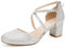 Greatonu Womens Court Shoes Mid Heel Chunky Dress Sandals Ladies Ankle Strap Wedding Party Pumps Sliver Glitter Size 5.5