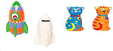 Baker Ross AG880 Rocket Ceramic Coin Banks Paint Your Own Ceramic Money Box (Pack of 2), 13cm x 9cm & AG761 Ceramic Cat Coin, Piggy Banks For Kids To Paint, Decorate and Display, Assorted, (Pack of 2)