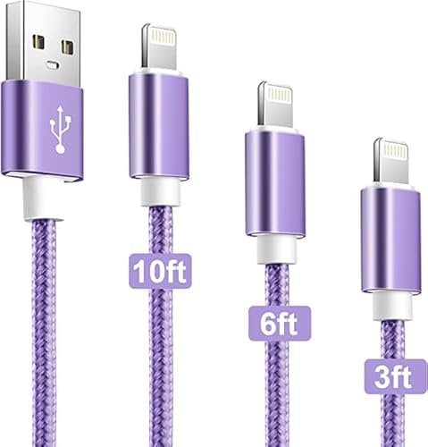 MAIMEITE iPhone Charger Cable, Apple MFi Certified 3Pack 3/6/10ft Fast Charging Cable, USB A Nylon Long Purple Cable for iPhone 14 13 12 11 Pro Max Mini XR XS X 8 7 Plus SE 2020, iPad Air and More