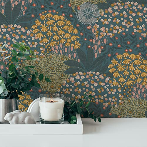 A.S. Création Blümchentapete Bunt Petrol Gelb Nara 387404 Tapete Floral Vliestapete 10,05 m x 0,53 m Made in Germany