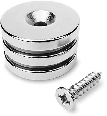 Sensei 3 pezzi Magnete con foro svasato al neodimio 25x4 mm con foro per vite, capacità di carico di 9 kg + 3 viti incluse nella confezione