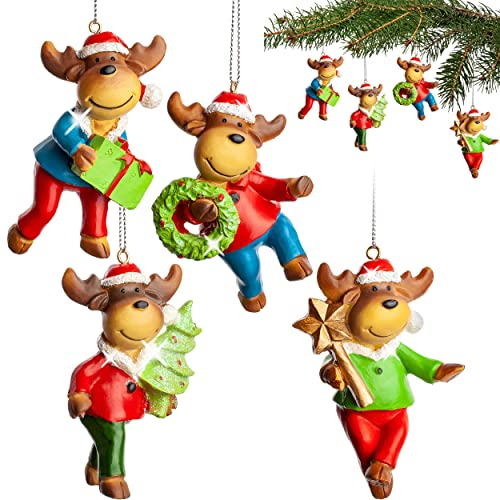 alles-meine.de GmbH Anhänger/Weihnachtsbaumschmuck Verschiedene Modelle wählbar 4 Stück - Elch mit Weihnachtsbaum 9 cm - Innen & Außen - bruchfest - Kunstharz - wetterfes..