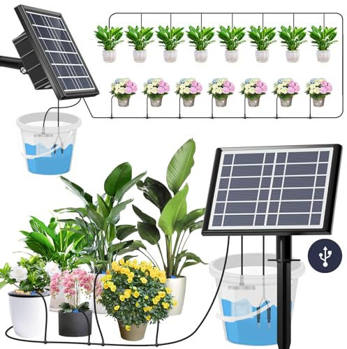 HEKIWAY Sistema de riego solar por goteo de 49 pies, kit de riego automático para 15 macetas, riego de plantas alimentado por energía solar, 25 modos de temporizador, flujo de 900 ml/min para