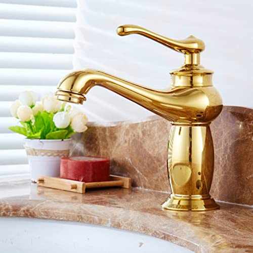 ZYCDP Robinet Retro Lavabo Salle de Bain, laiton, chaud et froid, trou unique, poignée unique, robinet de vasque, Or
