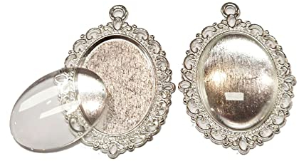 8 Teile 4 Stück Charm Leere Lünette Tablett Medaillons Metall Anhänger Fassungen Schmuck 18 x 25mm Oval 4 Stück Klar Glas Cabochon Bastelset (Silber)