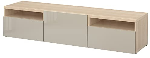 IKEA BESTÅ TV-Bank, 180x42x39 cm, Weiß gebeizt Eiche Effekt/Selsviken Hochglanz/Beige