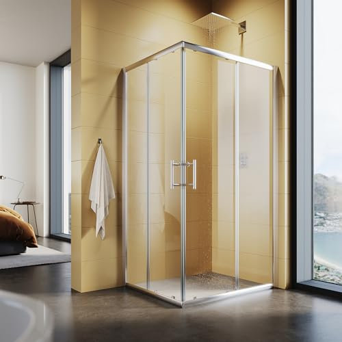 SUNXURY Cabina de ducha de 80 x 100 cm, doble puerta corredera, entrada esquinera, mampara de ducha de 5 mm de grosor, cristal de seguridad, puerta de ducha de 185 cm de altura