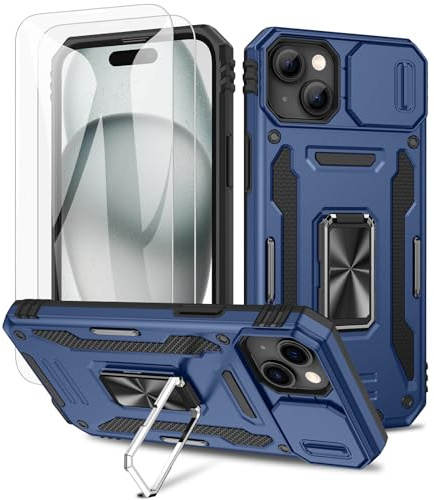 Maxdara Handyhülle für iPhone mit Ständer, eingebautem 360° drehbarem Ständerring und Displayschutzfolie aus gehärtetem Glas, Schiebe-Kamera-Abdeckung für iPhone 6,1 Zoll, Marineblau