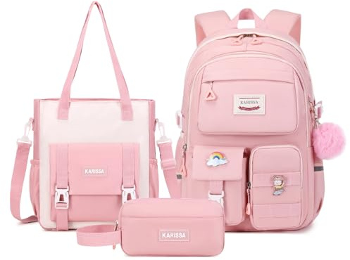 MUSEVOS Kawaii Girls Backpack for School with Convertible Shoulder Tote Bag,Cute Teenage Multiple Pockets Backpack for Primary Elementary High School, Pink 3 Pcs Set