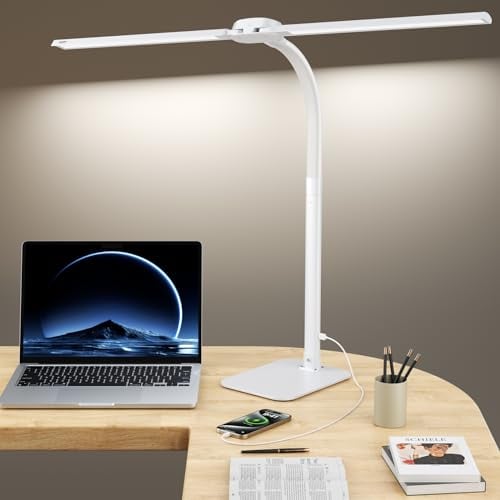 Kary Led Schreibtischlampe Dimmbar mit USB-Ladeanschluss und fuß, 24W Ultra Hell Doppelkopf tischlampe für Büro, Arbeit, Design,Lesen, Augenpflege Lampe mit Fernbedienung,weiss