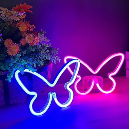 Ulalaza 2 Stück LED-Neonlichtschild, Schmetterlings-Neonschilder, Nachtlichter für Zuhause, für Kinderzimmer, dekorative Lampen, Wandkunst, romantisches Weihnachts- und Geburtstagsgeschenk
