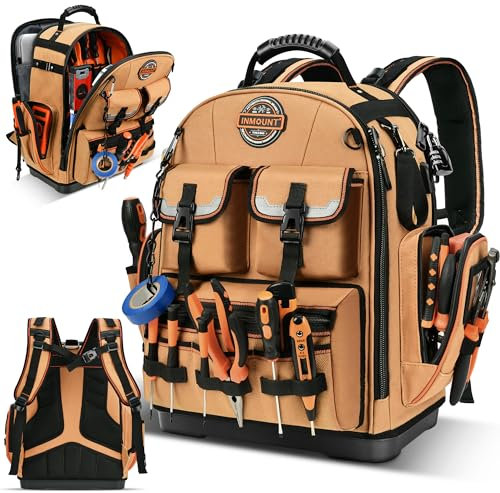 LOKASS Werkzeugrucksack mit 2 kleinen Werkzeugtaschen – robuster Werkzeug-Organizer, wasserabweisender HAVC-Werkzeug-Rucksack, Elektriker-Werkzeugkoffer mit geformtem Boden, PP0919, Braun, Einzeln