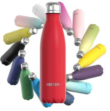 WATERSY Stainless Steel Insulated Water Bottle, Double Walled Metal Vacuum Flask Keep 24 Hrs Cold & 12 Hrs Hot Thermal Metal Sports Bottles 500ml BPA Free for Outdoor, Work, Gym, School (Red)