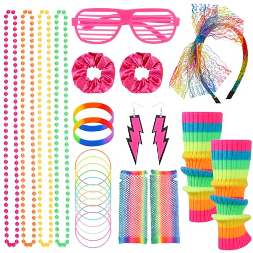Radsocken 80s Fancy Party Costume Accessories Set,1980s Fancy Dress for Women,Neon Leg Warmers Fishnet Gloves Earrings Bracelet Necklace Headband Sunglasses,Retro Outfit for 80s Party Dress up Day