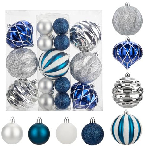 Hollyone 23PCS Large Christmas Bauble Set - 10CM 5CM Blue and Silver Xmas Balls for Tree Decorations - Shatterproof Ornaments for Wedding, Party, Wreath