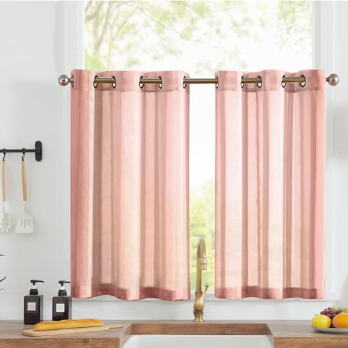 Vangao Sheer Scheibengardinen mit Ösen Transparent Bistrogadine Landhaus Modern Voile Küchenvorhang Gestreift Küchengardinen Paarig für Badezimmer Klein Fenster Dekor 90x115cm(BxH) Rosa 2er Set