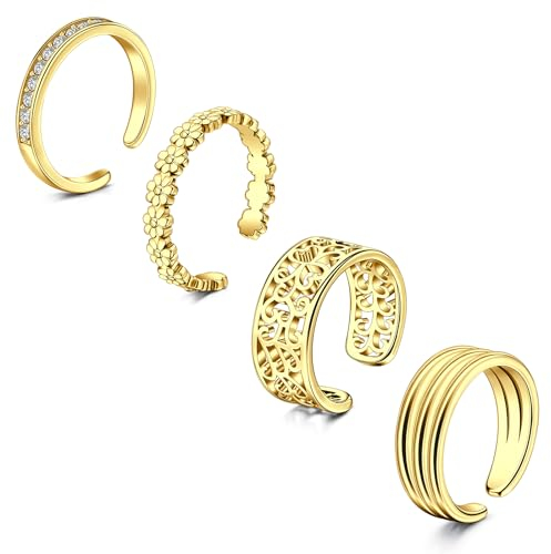 WillTen 4Pcs Gold Edelstahl Zehenring Set, Blume Pfeil Blatt CZ Toe Ring, Unisex Sommer Strand Fuß Schmuck