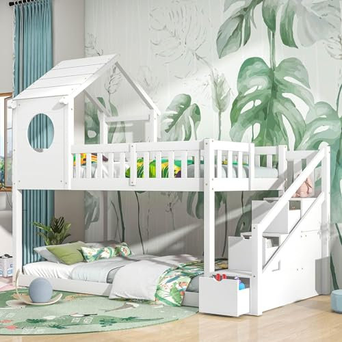 DaMga Kinderbett Etagenbett 90×200cm mit Treppe,Hochbett Doppelbett mit Stauraum Schubladen für 2 Kinder,Holzbett mit Rausfallschutz und Lattenrost,Ohne Matratze,Weiß