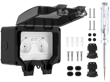 Marscharm Aussensteckdose Wasserdichte IP66 2-Fach Outdoor Steckdose mit Schalter Kontrollleuchte und Klappdeckel Außensteckdose Wetterfest für Außenbereich Garten Küche Garage