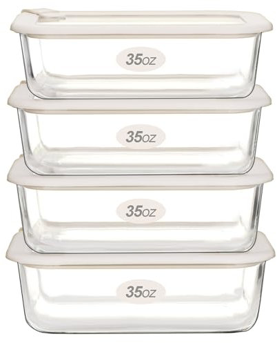 Urban Green Glass Food Storage Containers with Glass Lids, Microwave Safe Glass Food Container Set, Airtight Glass Food Container Set, LeakProof, 100% Plastic Free, White Color, 4pack