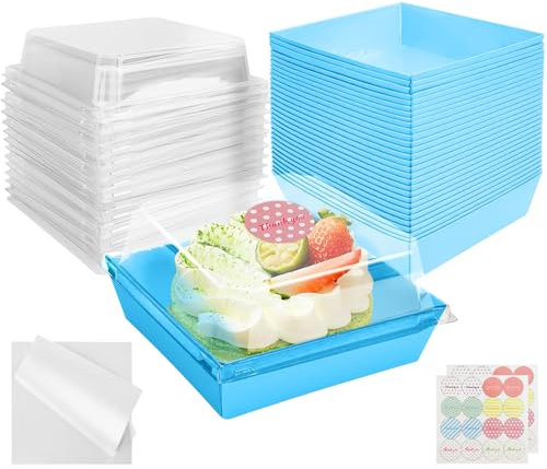 CoKeeSun 30PCS Cake Slice Boxes with Clear Lids, 5Inches Reusable Boxes for Cake Portions, Charcuterie Boxes with Baking Paper and Sticker, Takeaway for Sandwiches, Dessert, Cookie (Blue)