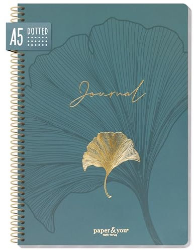 paper&you® Bullet Journal dotted A5 mit Spiralbindung Blue Ginkgo 160 Seiten, Notizbuch gepunktet mit Spirale, College-Block, Spiral-Block, Notizblock - nachhaltig & klimafreundlich
