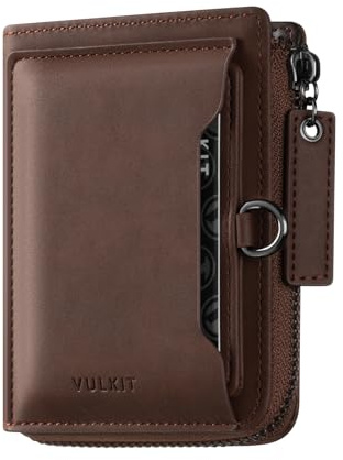 VULKIT Men's RFID Blocking Leather Wallet - Bifold Zip Around Card Holder with Coin Pocket - Espresso