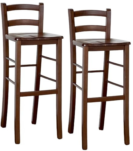 OKAFFAREFATTO MADDALONI Barhocker 2er Set aus Holz mit Rückenlehne Nussbaum dunkel Höhe 80 cm mit Sitzfläche aus Massivholz