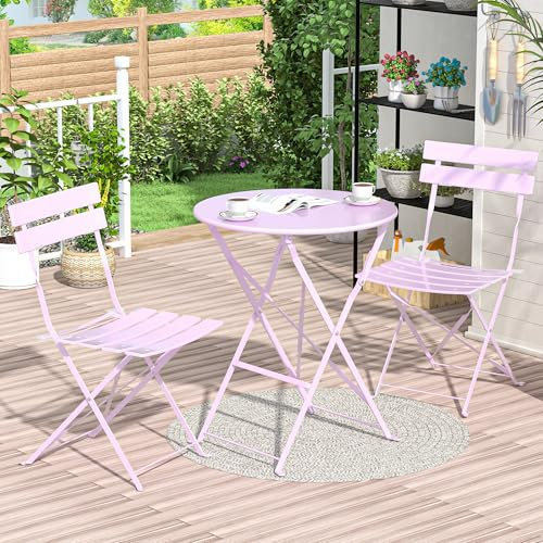 RELAX FIELD Lot de 3 meubles de jardin de balcon, résistants aux intempéries, pour petit balcon, table de bistrot avec 2 chaises, pliable, rose