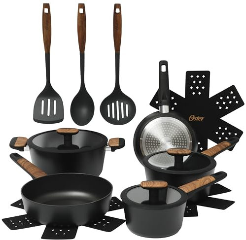 Oster Platinum Oxburg - Juego de 14 utensilios de cocina y utensilios de cocina de aluminio forjado sin PFA, no tóxico, cerámica antiadherente, color negro con asas de madera