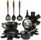 Oster Platinum Oxburg Batterie de cuisine et ustensiles de cuisine 14 pièces en aluminium forgé sans PFA non toxique de qualité supérieure anti-adhésif – Noir avec poignées en bois