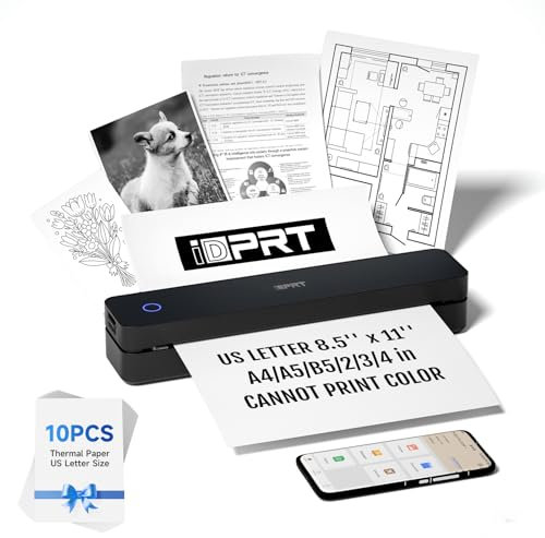 iDPRT Portable Printer Wireless for Travel, Bluetooth Thermal Printer Support for 8.5x11 US Letter, Inkless Compatible with iOS, Android, Laptop for Office, Car and Home, School (Black)