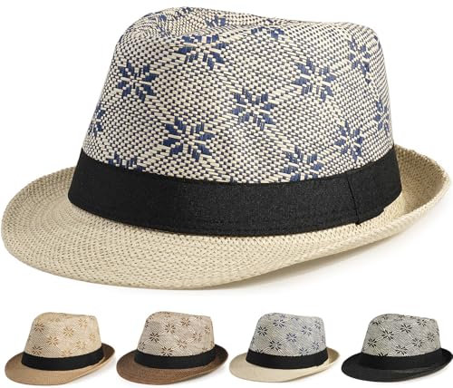 Initlove Straw Fedora Hat for Men Women Summer Short Brimmed Trilby Hats Snowflake Beige