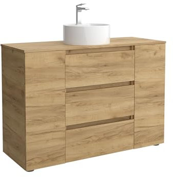 Cygnus Bath Mueble de Baño BEQUIA Plus 3C 120cm Roble | Lavabo sobre encimera Porcelana Lado Reversible