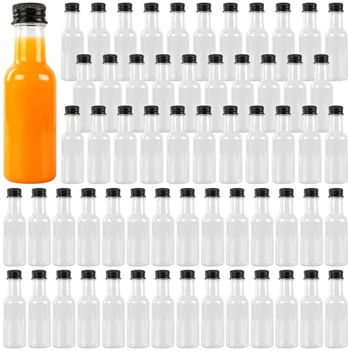 KEILEOHO 70 Stück 50ml Mini Transparente Fläschchen, Klein Kunststoffflaschen, 10,5 x 3,2 cm Kleine Plastik Likörflaschen Shot Flaschen für Party, Geschenke