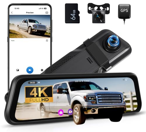 OiLiehu 9,66 Zoll Touchscreen 4K AHD Spiegel Dashcam mit Rückfahrkamera GPS WiFi Dash Cam Auto mit G-Sensor/APP Steuerung/ADAS/BSD/Parkassistent/150 °Weitwinkel/Nachtsicht, Inklusive 64G-Karte & GPS