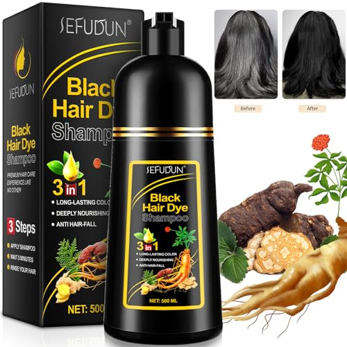 Haarfärbe Shampoo Schwarz 500ml – 3-in-1 Farbshampoo gegen graue Haare für Damen & Herren, Sofort Tönungsshampoo in 5 Minuten, pflegend mit Pflanzenextrakten, langanhaltende Haarfarbe