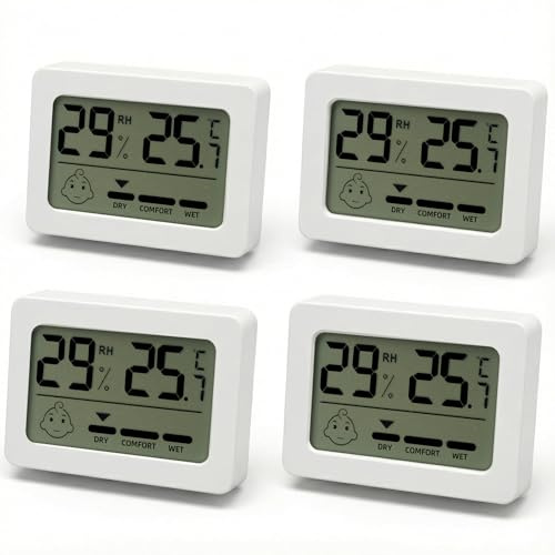 Carehabi 4 Pezzi Igrometro Termometro Ambiente Interno, Termometro Igrometro Digitale con Indicatori di Comfort a Faccine, Misuratore Umidità Casa Alta Precisione per Camera Neonati, Ufficio e Piante