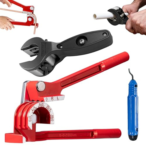 Attrezzo per Curvare Tubi, Curvatubi Manuale 6-8-10 mm 0-180 Gradi + Tagliatubi a Cricchetto 8-29 mm + Sbavatrice per Tubi in Rame, Alluminio, Plastica (come PVC & PE) e Metallo Morbido